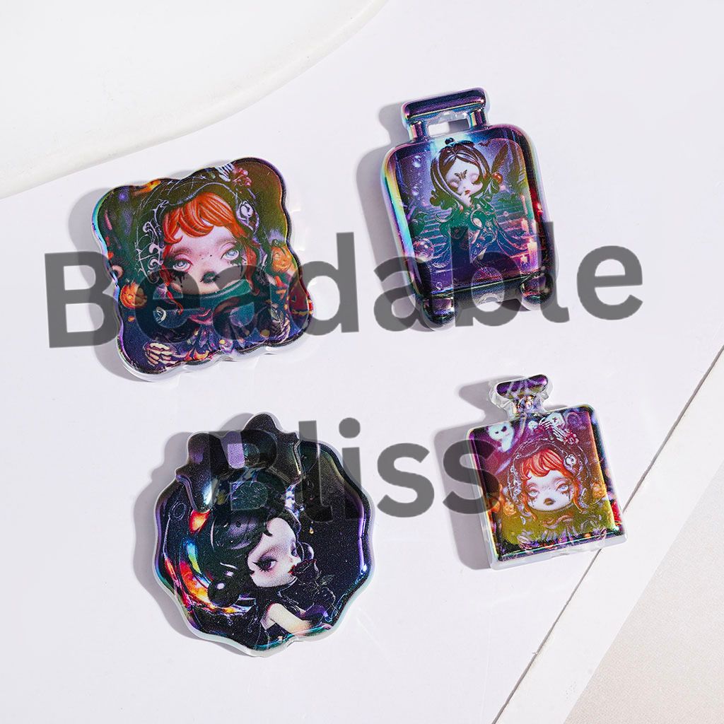 UV-Coated Acrylic Beads and Pendants with Gothic Style Doll Characters in Black Purple Series, Random Mix