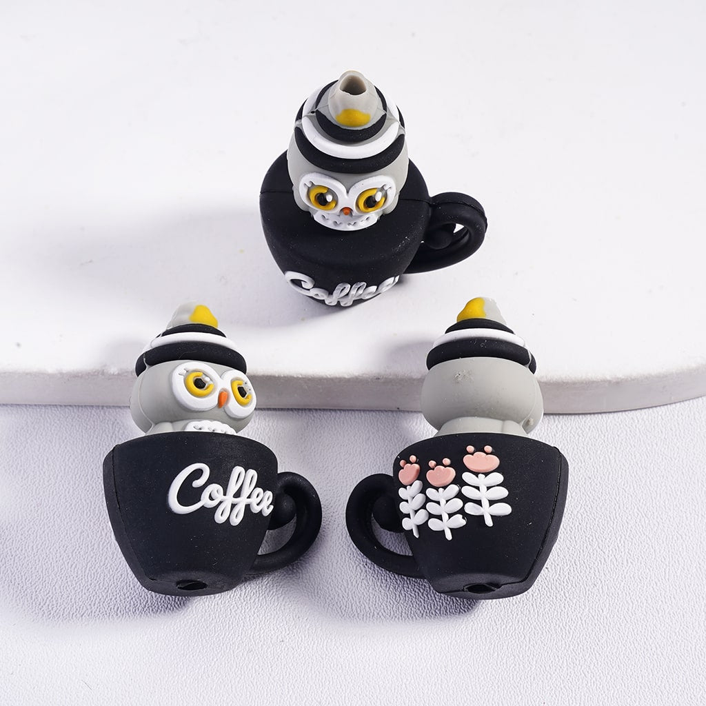 3D Cute Lovely Animal Owl & Cat on Coffee Cup Silicone Focal Beads