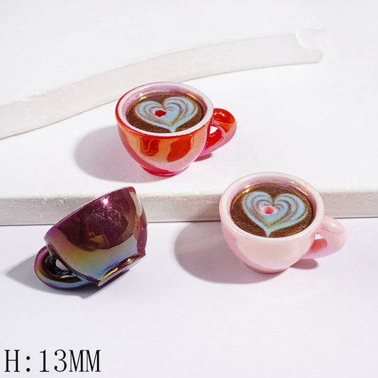 UV-Coated Charming Coffee Cup & Heart Latte Art Design Acrylic Beads, Height 13MM Multi-Color Random Mix
