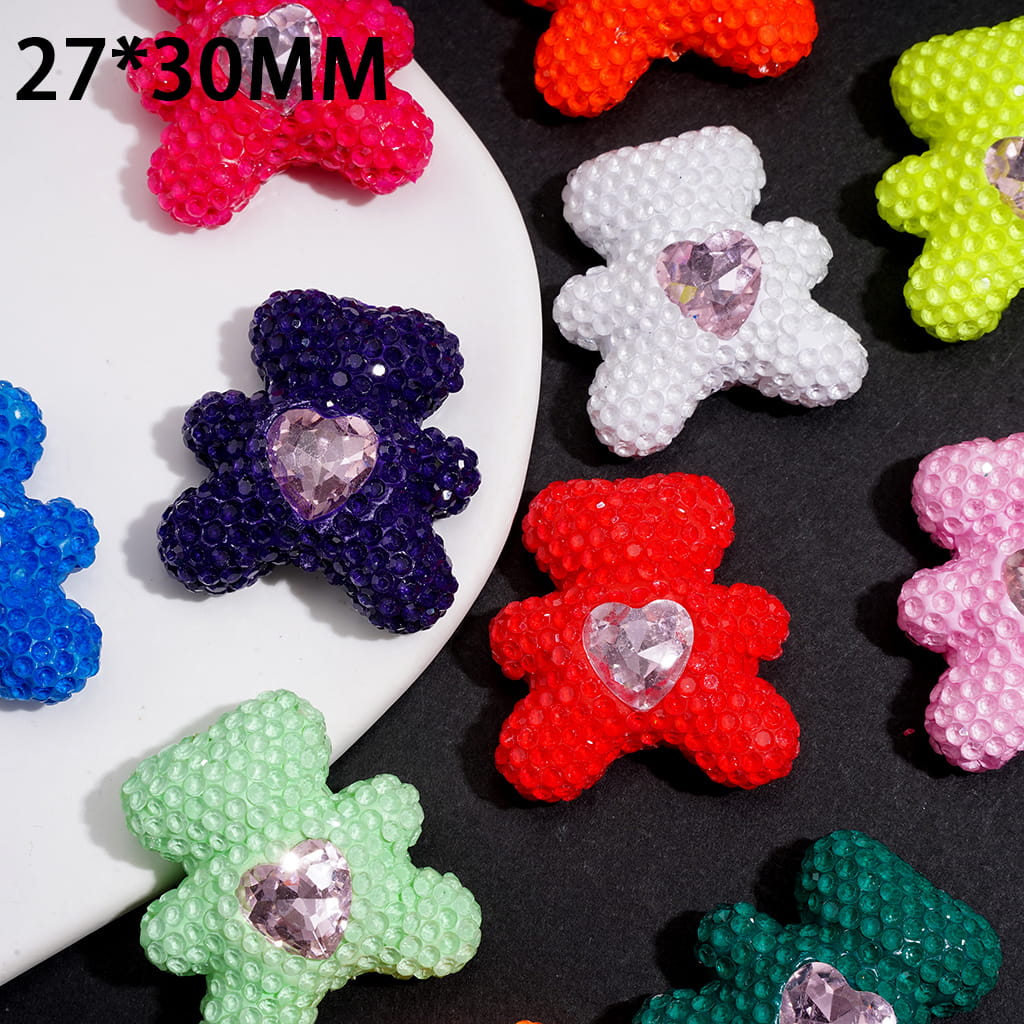 Adorable Bear shape design with Sparkling Pink Heart Rhinestone Centerpiece Vibrant Neon Colors Clay Beads , 27*30MM, Random Mix