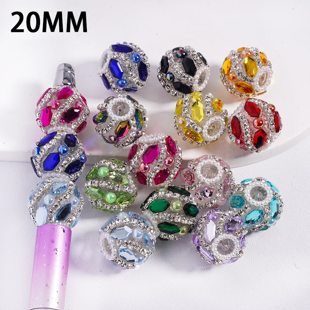 Dazzling Multi-Color Rhinestone and Pearl Embellished Round Acrylic Beads 20MM