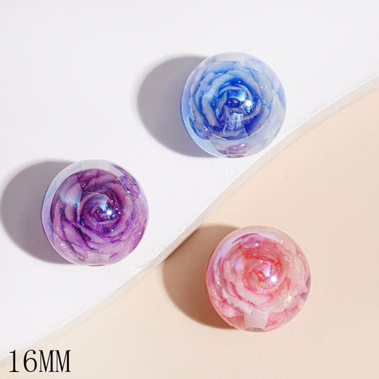 UV-Coated Dreamy Rose Flower with Embedded Glitter Round Acrylic Beads for Bracelets, 16MM, Multi-Color Random Mix