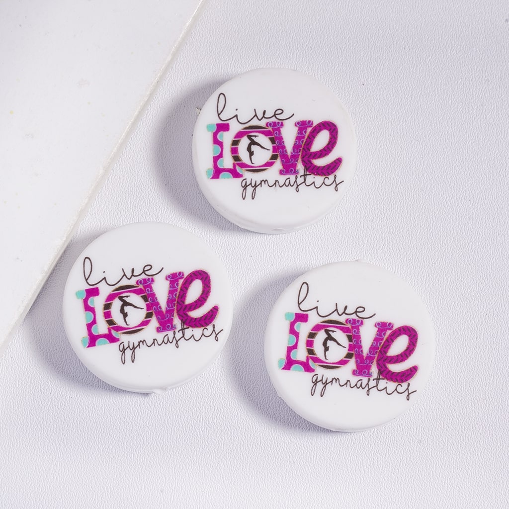 Flat Round White Silicone Focal Beads with Text Live Love Gymnastics