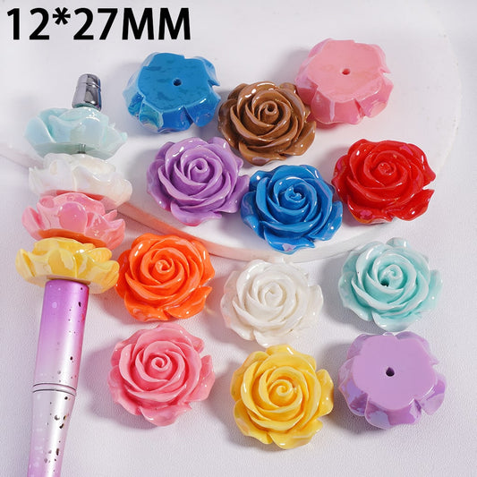 UV Coating Large Multi-Color Rose Flower Acrylic Beads 12*27MM, Random Mix