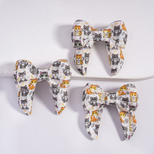 Soft Bowtie with with Cat & Leaf Print Silicone Focal Beads 40MM