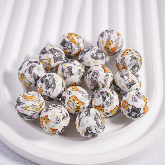 Soft Round with Cat & Leaf Print Printed Silicone Focal Beads 15MM