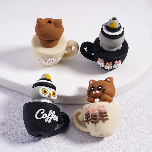 3D Cute Lovely Animal Owl & Cat on Coffee Cup Silicone Focal Beads