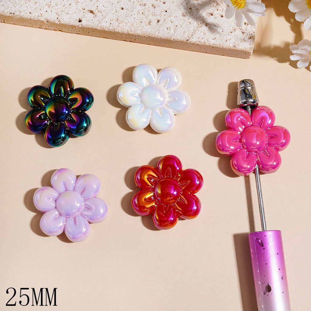 UV-Coated Acrylic Beads with Six-Petaled Flower in Dark Colored Series, 25MM Multi-Color Random Mix
