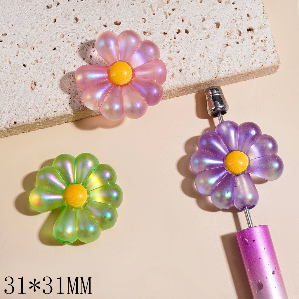 UV-Coated Iridescent Rainbow Daisy Flower Acrylic Beads, Large Hole Design, 31*31MM, Multi-Color, Random Mix (The Hole Diameter is Around 4MM)