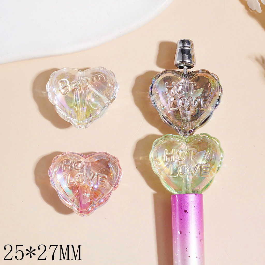 UV-Coated Acrylic Beads Heart with Wavy Edged and Text, Clear, 25*27MM Multi-Color Random Mix