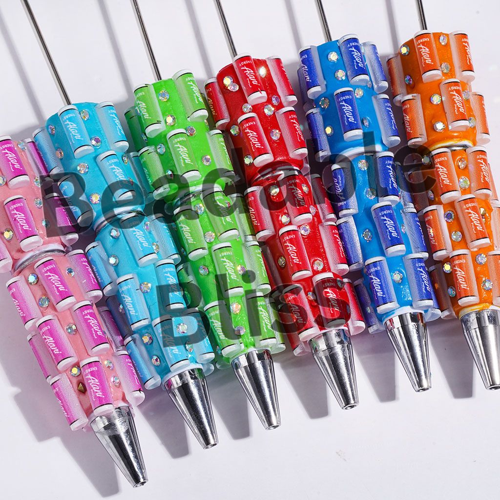 Beadable Clay Pens with Canned Functional Beverage and AB Rhinestones, Multi-Color, Random Mix