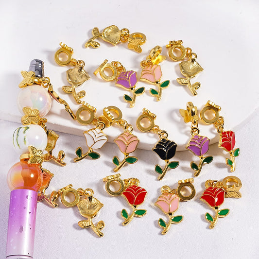 Gold Butterfly Bail Beads with Multi-Color Rose Flower Charms Random Mix