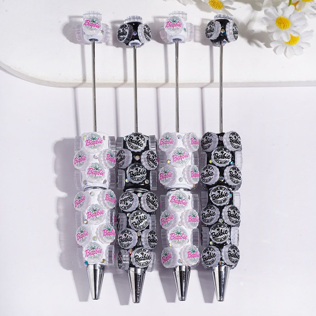 Beadable Clay Pens Fashion Doll Series Bottle Cap Lid with Text and AB Rhinestones, Black and White