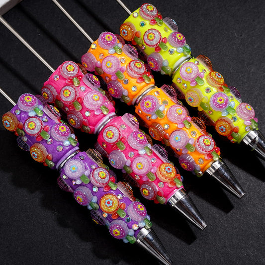 Fluorescent Candy Shaped Flower with AB Rhinestones, Assorted Colors Beadable Clay Pen