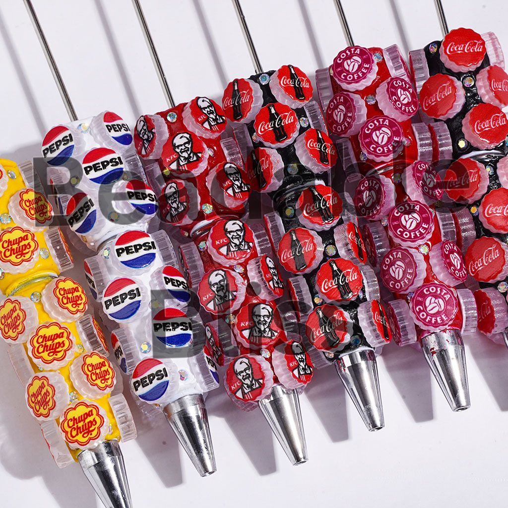 Beadable Clay Pens with Candy Coffee Soda Drink Fast Food Bottle Cap Lid and AB Rhinestones, Multi-Color