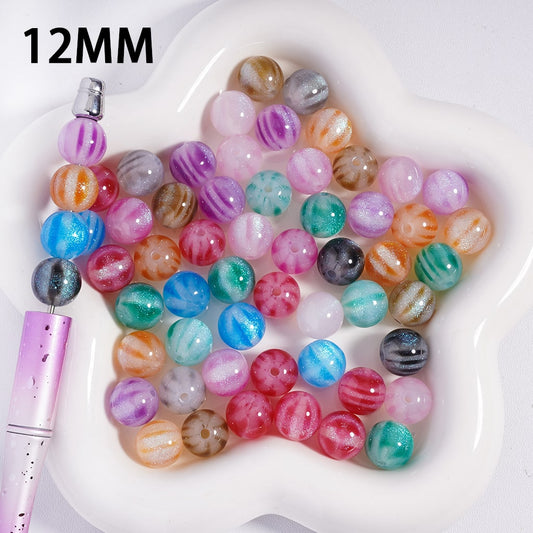Vertical Stripes and Glitter, Multi-Color Shiny Round Shape Acrylic Beads for Bracelets 12MM, Random Mix