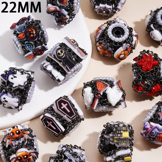 Spooky Horror Characters with White Pearl Loop, Gun Black Chain & Black Base, Halloween Theme Acrylic Beads, 22MM, Random Mix