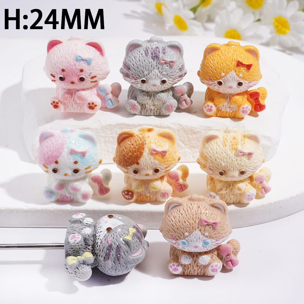 Acrylic Beads for Pen Toppers Cute Kitten with Bow Design, Jewelry Accessories, Height 24MM, Multi-Color