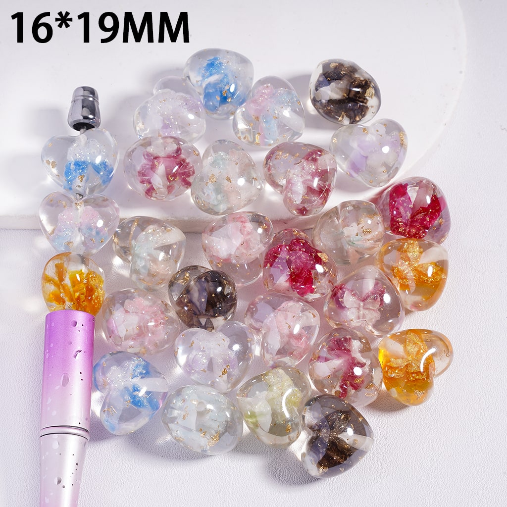 Translucent Multi‑Color Heart Shape Acrylic Beads with Glittery Butterflies & Gold Foil 16*19MM, Random Mix