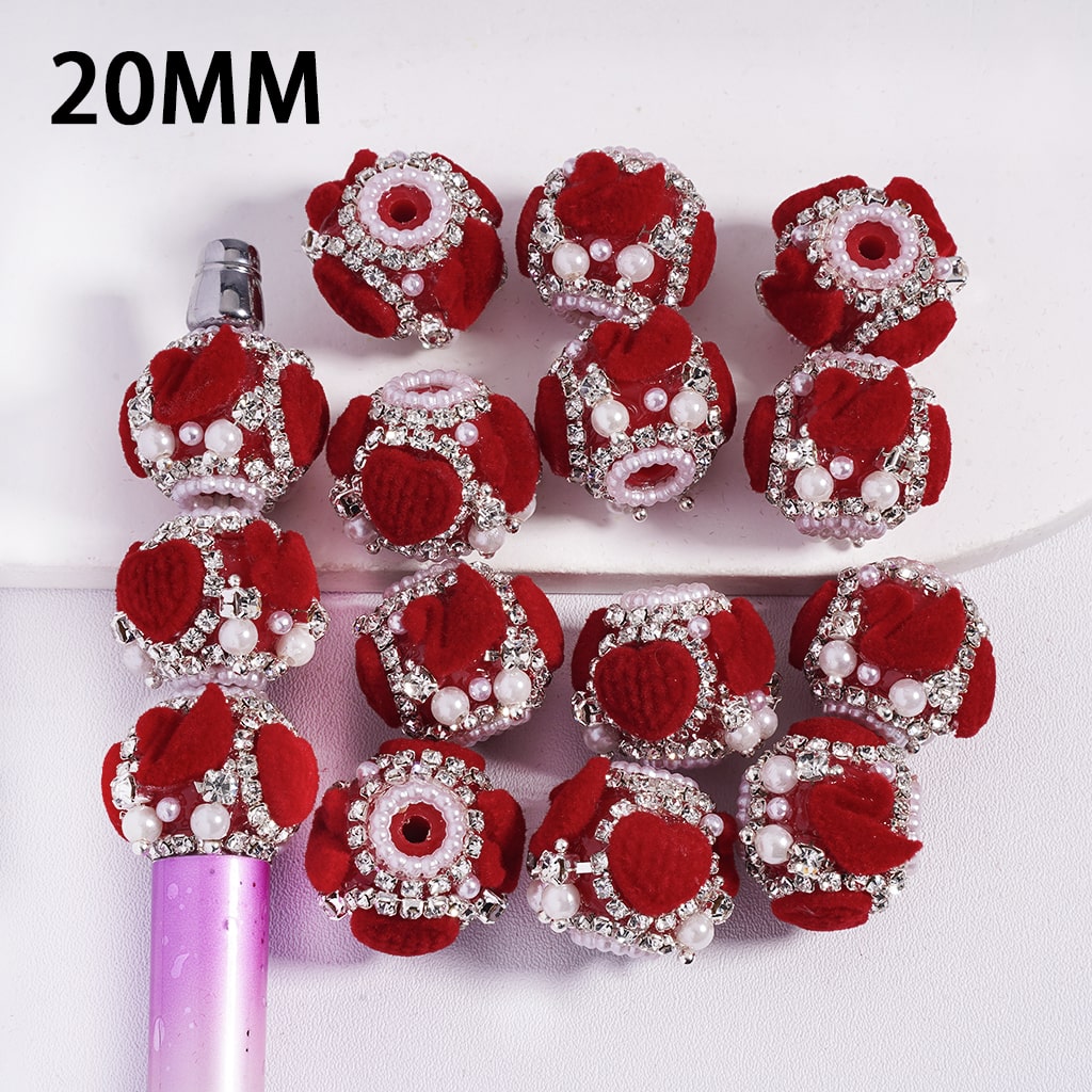 Valentine’s Day Theme Red Fluffy Swan Round Acrylic Beads with Hearts, Pearl & AB Rhinestone Chains 20 mm