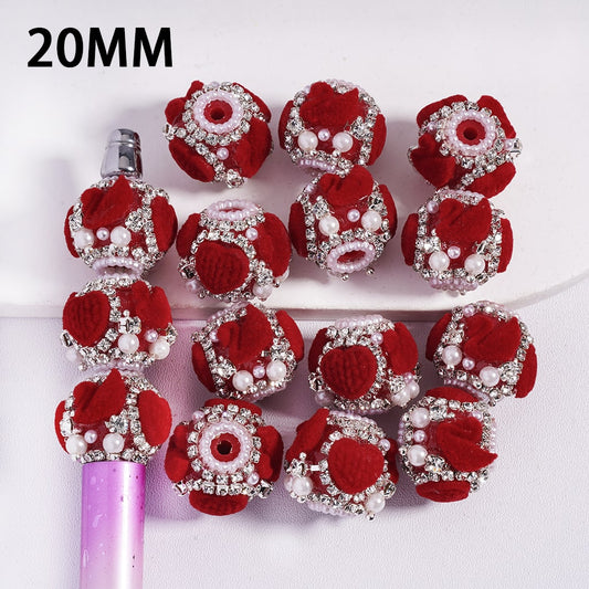 Valentine’s Day Theme Red Fluffy Swan Round Acrylic Beads with Hearts, Pearl & AB Rhinestone Chains 20 mm