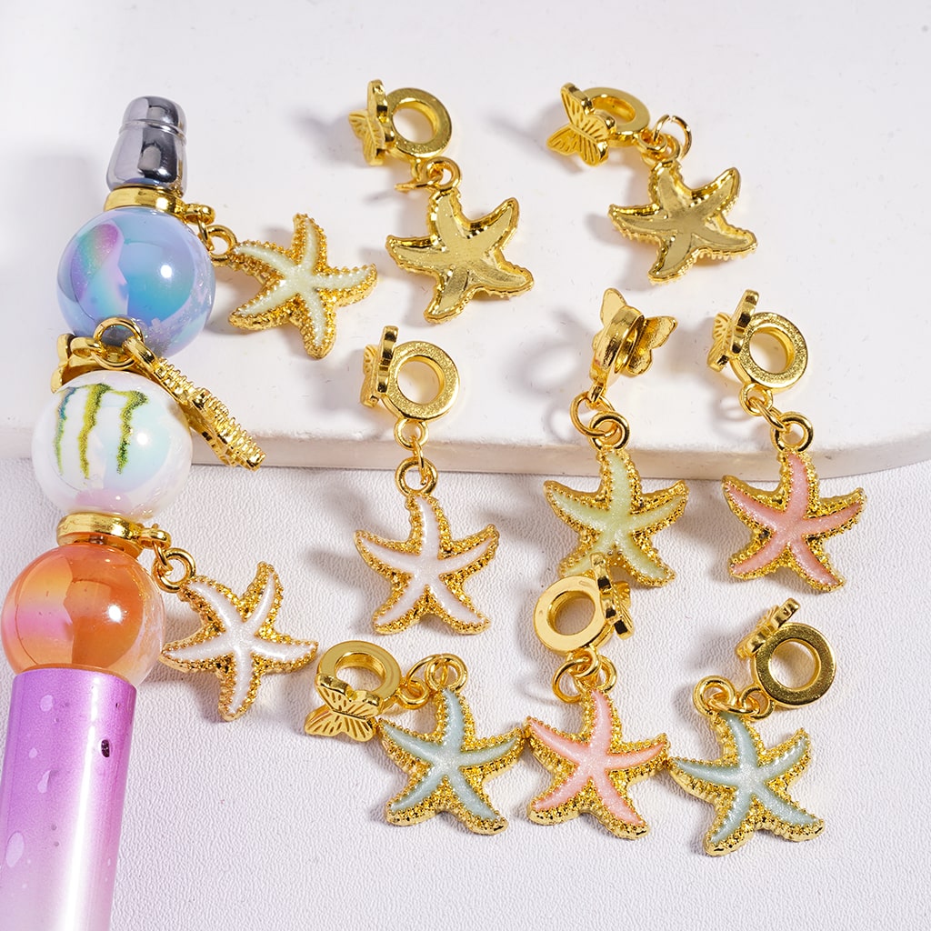 Gold Metal Bail Beads with Glitter Butterfly & Starfish Pendant Charms Random Mix