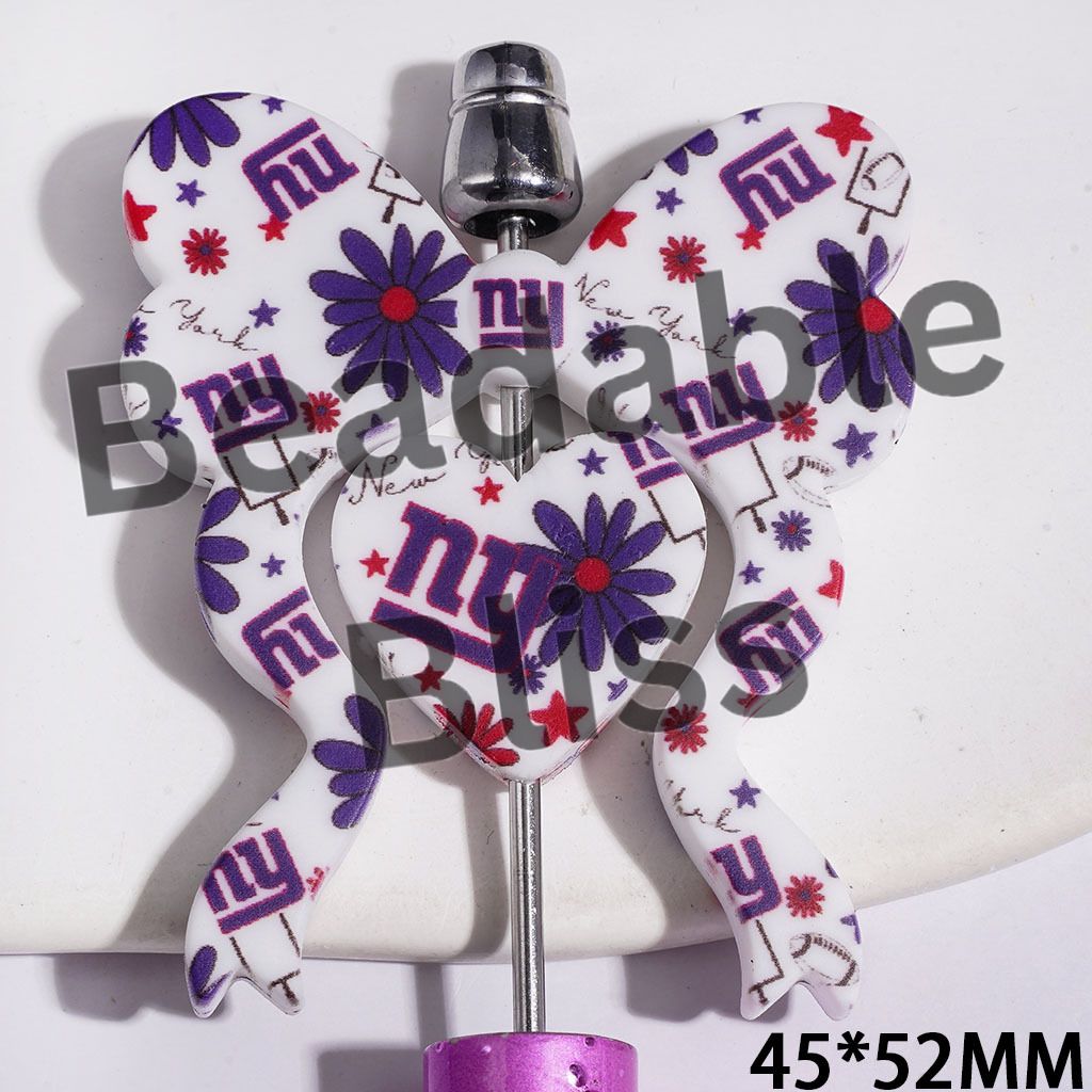 Silicone Focal Beads Bowtie and Heart Collection Set in NY American Football, with Blue Flower Star Pattern, 45*52MM
