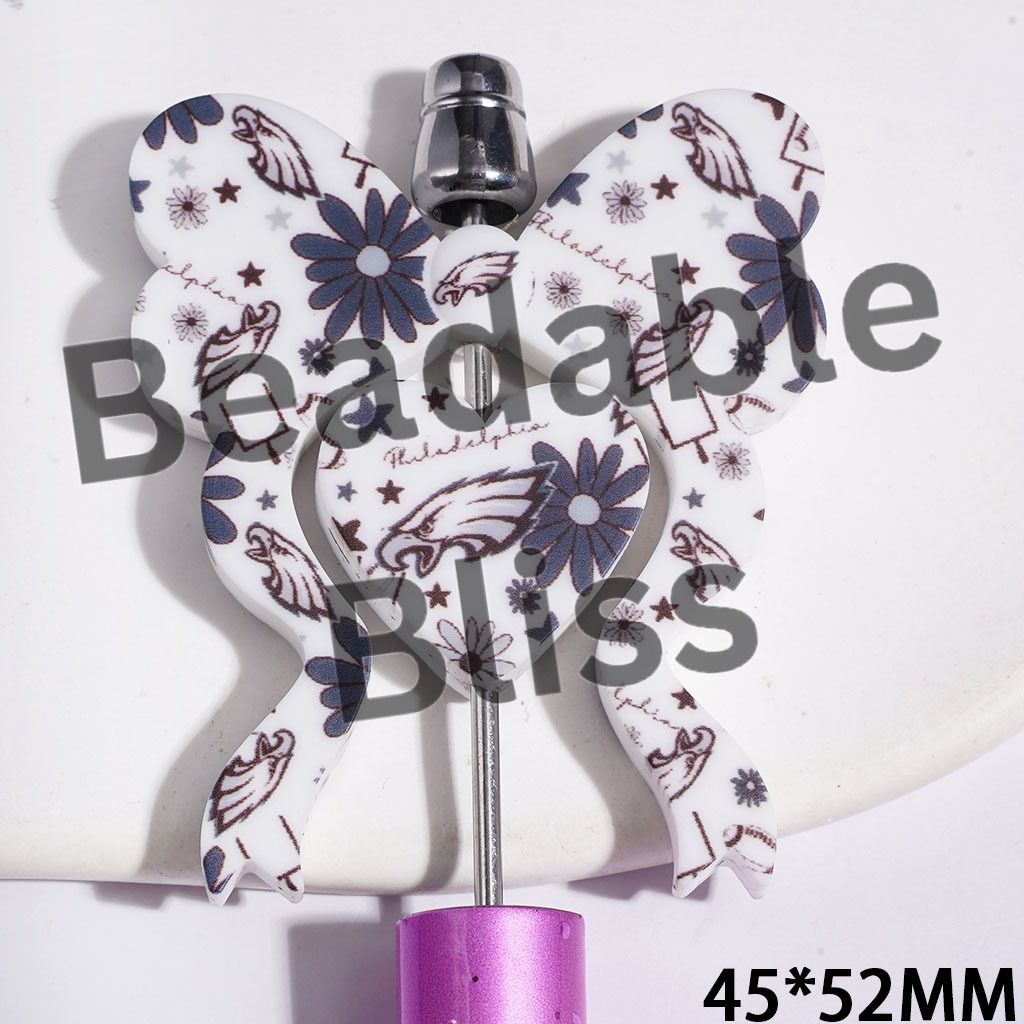 Silicone Focal Beads Philly American Football Collection Set with Flower Star Pattern, Bowtie and Heart, 45*52MM