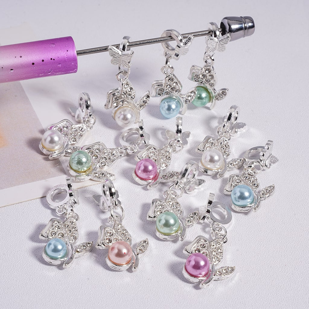 Butterfly & Flower Charms Multi-Color Clear Rhinestones and Pearls, Silver Alloy Bail Beads Random Mix