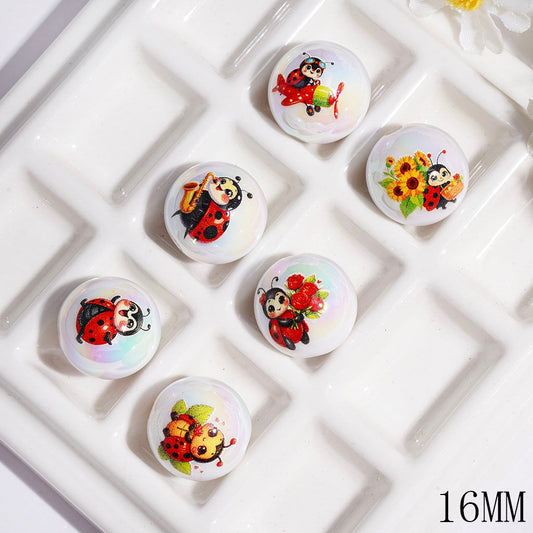 UV-Coated Adorable Ladybug Character Assorted Style Printed Round Acrylic Beads for Bracelets, 16MM, Random Mix