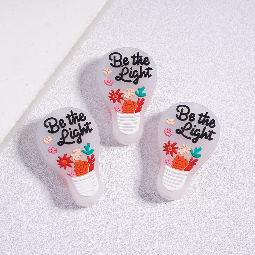 Bulb Shape Design with Various Colors Flowers & Text "Be the Light" Silicone Focal Beads