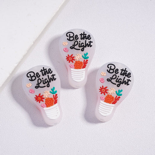 Bulb Shape Design with Various Colors Flowers & Text "Be the Light" Silicone Focal Beads