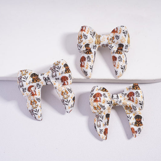 Soft Bowtie With Cute Dog & Leaf Branch Print Silicone Focal Beads 40MM