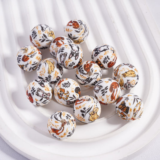 Dog & Leaf Print Soft Round Silicone Beads 15mm