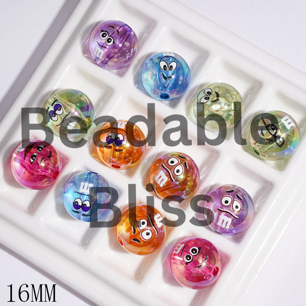 UV-Coated Acrylic Beads for Bracelets Candy Chip Style in Various Face Expressions Designs, 16MM Random Mix Multi-Color