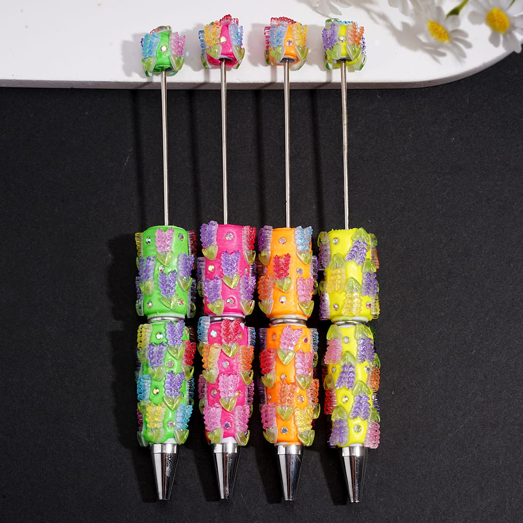Fluorescent Beadable Clay Pen with Lavender Flower Design & AB Rhinestones, Multi-Color