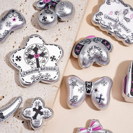 Gothic Cross, Heart, Crescent Moon & Bow Design Series, Silver Metallic Finish, Black & Pink Theme Acrylic Charms Pendants, Random Mix