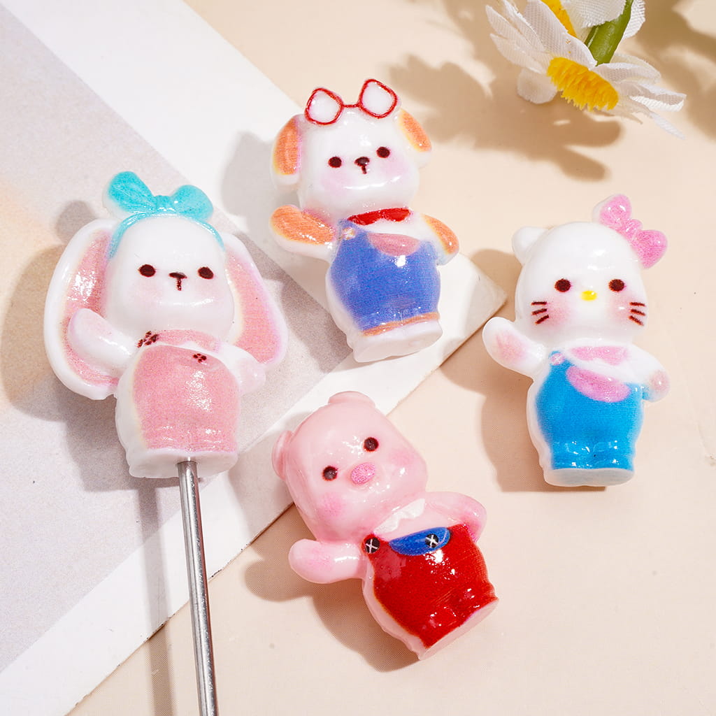 Acrylic Pen Topper Beads w Cute Animal Pig, Dog, Bunny & Cat in Overalls, Jewelry Accessories, Various Styles, Random Mix