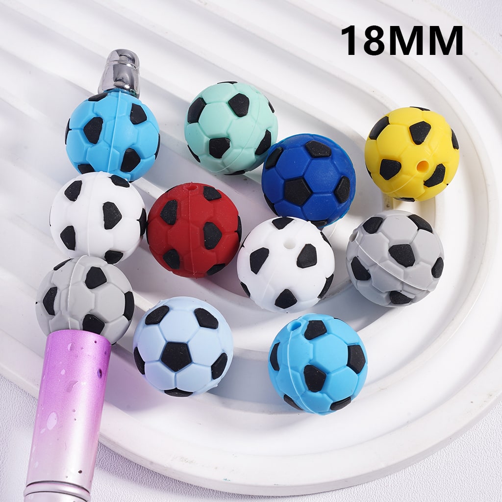 3D Football Soccer Ball Sport Theme Design in Multi Colors Silicone focal beads 18MM, Random Mix