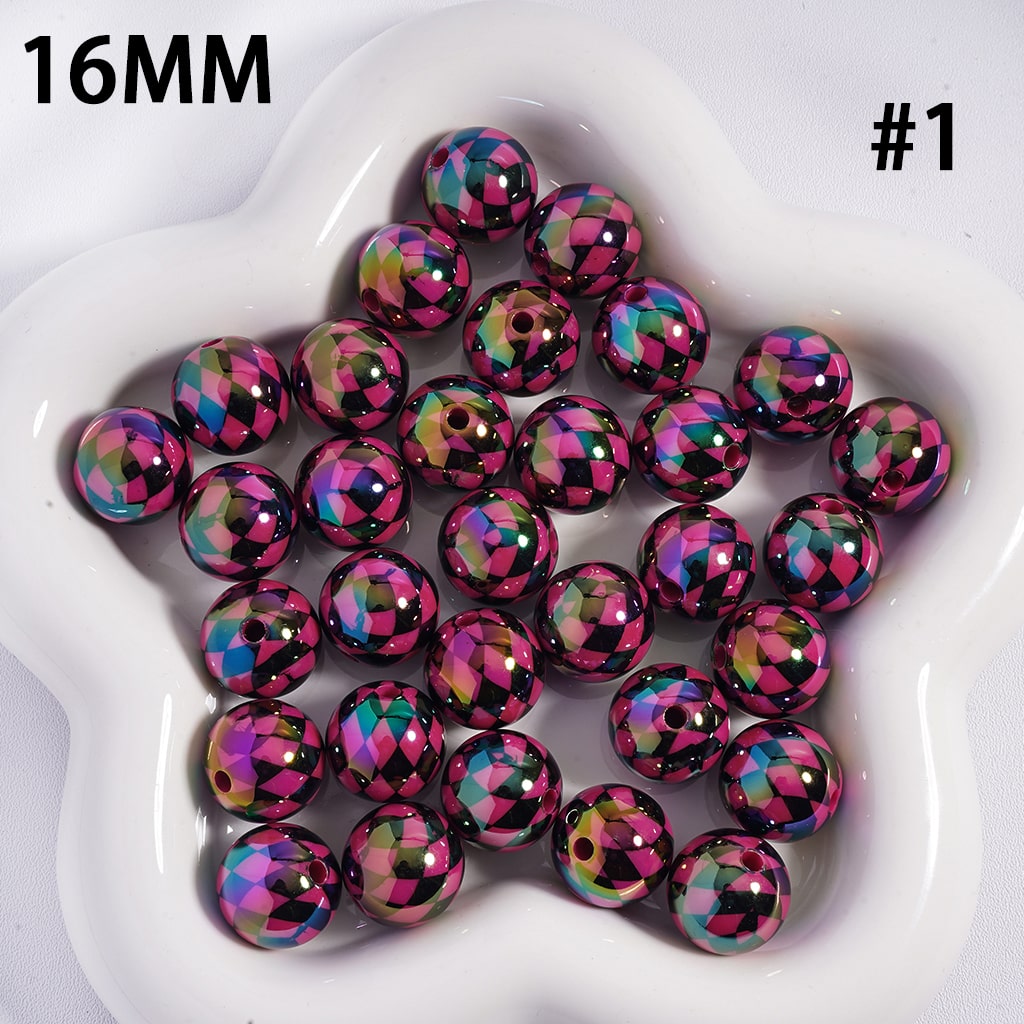 UV Coated Colorful Rhombus Checkered Pattern Round Shape Acrylic Beads 16mm