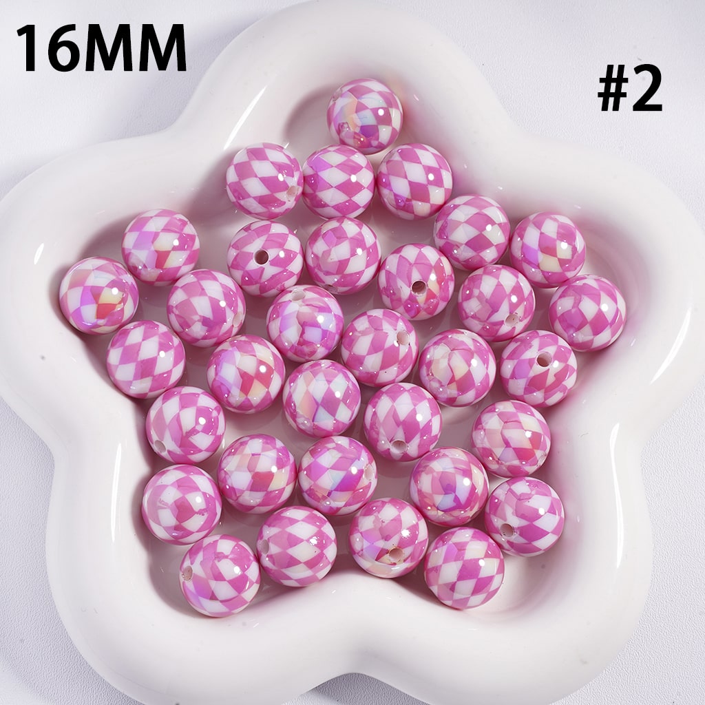 UV Coated Colorful Rhombus Checkered Pattern Round Shape Acrylic Beads 16mm