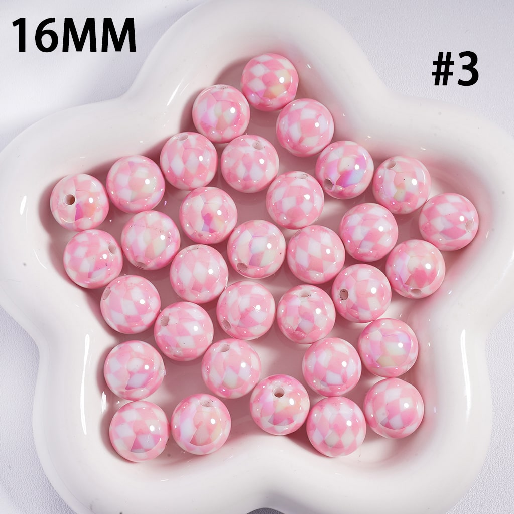 UV Coated Colorful Rhombus Checkered Pattern Round Shape Acrylic Beads 16mm