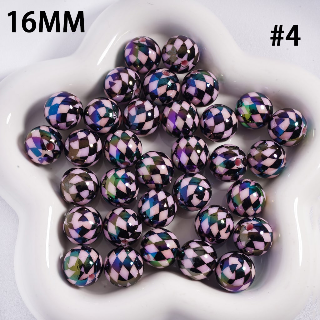 UV Coated Colorful Rhombus Checkered Pattern Round Shape Acrylic Beads 16mm