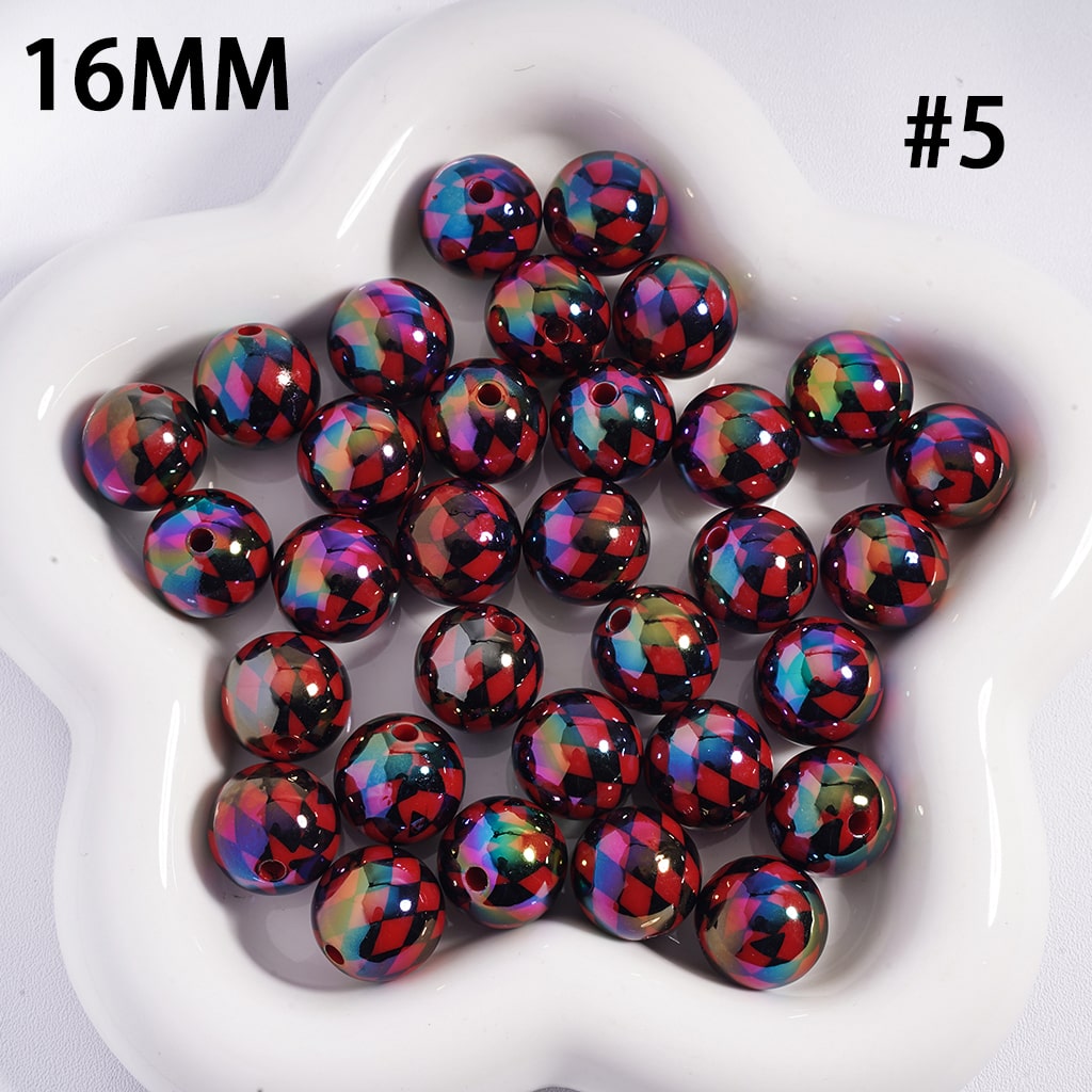 UV Coated Colorful Rhombus Checkered Pattern Round Shape Acrylic Beads 16mm