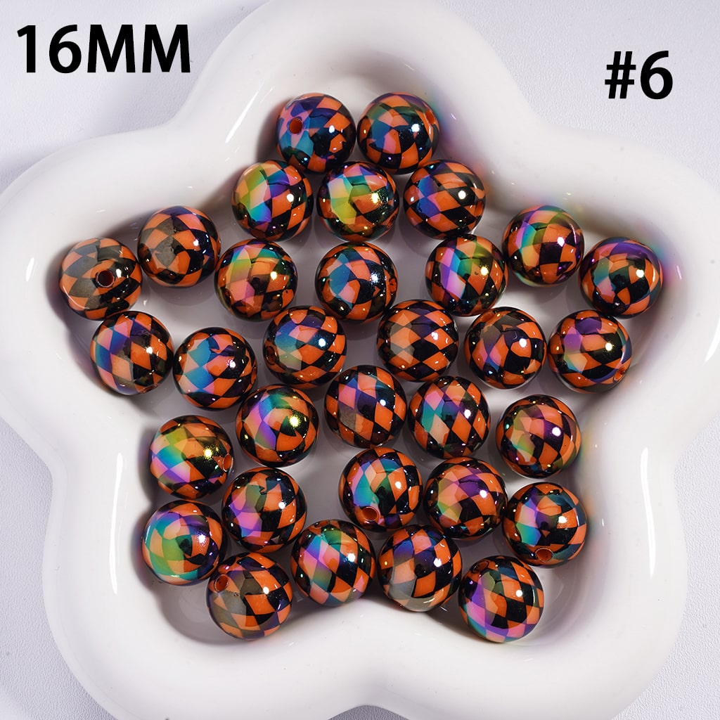 UV Coated Colorful Rhombus Checkered Pattern Round Shape Acrylic Beads 16mm