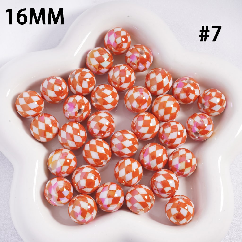 UV Coated Colorful Rhombus Checkered Pattern Round Shape Acrylic Beads 16mm