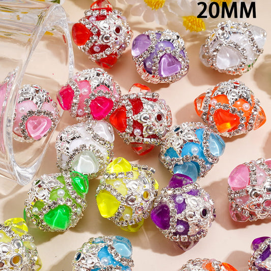 Neon Heart Rhinestones Design with Silver Metal Base, Clear Rhinestones & White Pearl Hand-Made Sugar Acrylic Beads, 20MM, Random Mix