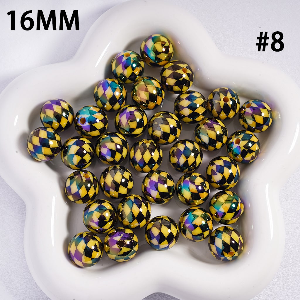 UV Coated Colorful Rhombus Checkered Pattern Round Shape Acrylic Beads 16mm