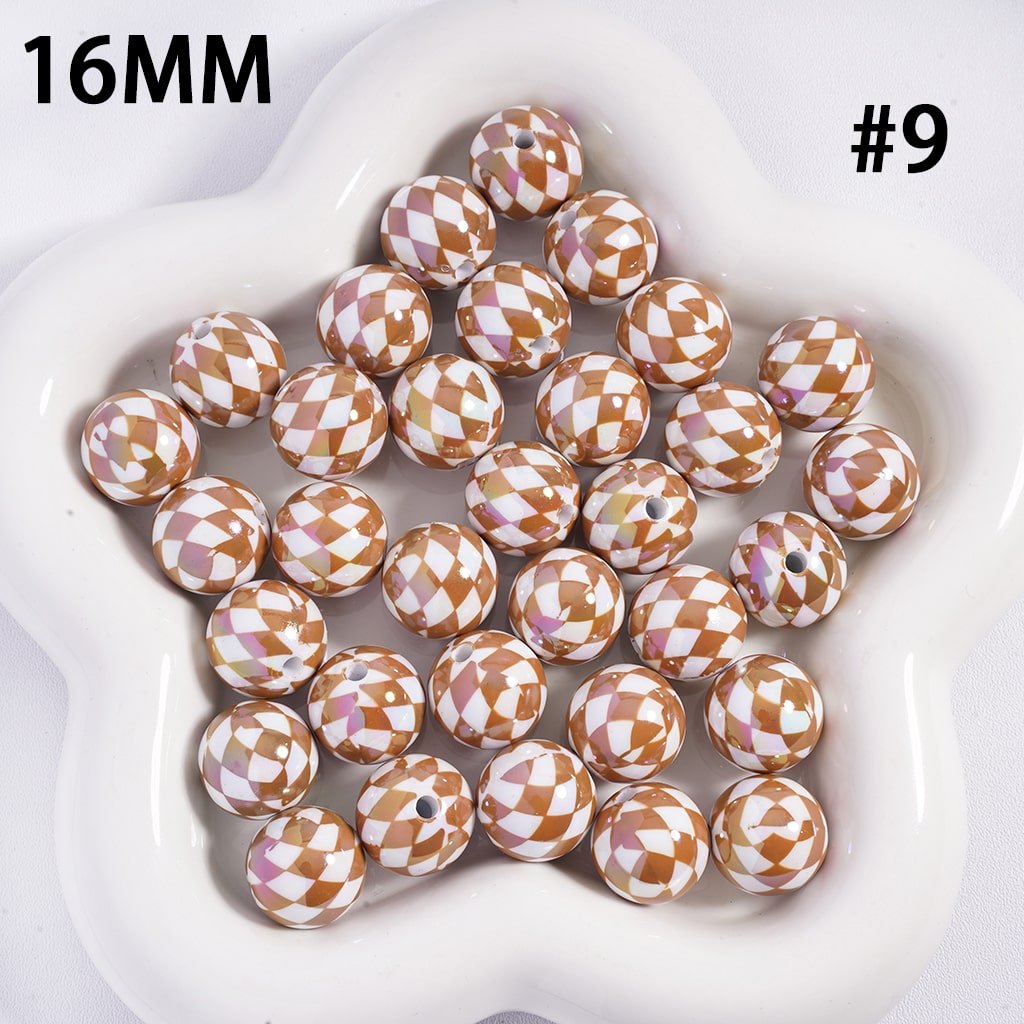 UV Coated Colorful Rhombus Checkered Pattern Round Shape Acrylic Beads 16mm