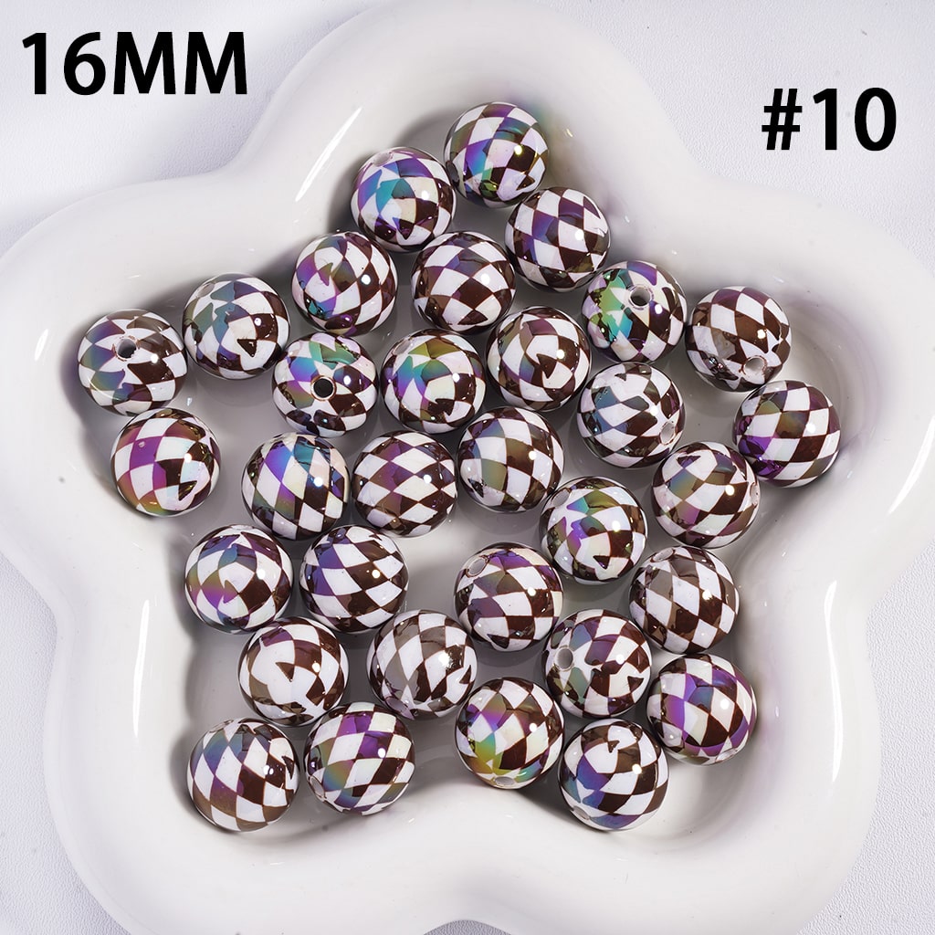 UV Coated Colorful Rhombus Checkered Pattern Round Shape Acrylic Beads 16mm